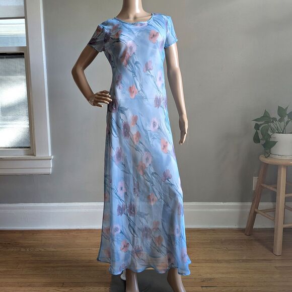 Vintage Y2K Express Blue Maxi Dress Semi Sheer Overlay Floral Fairycore Size 3-4 - Picture 10 of 11